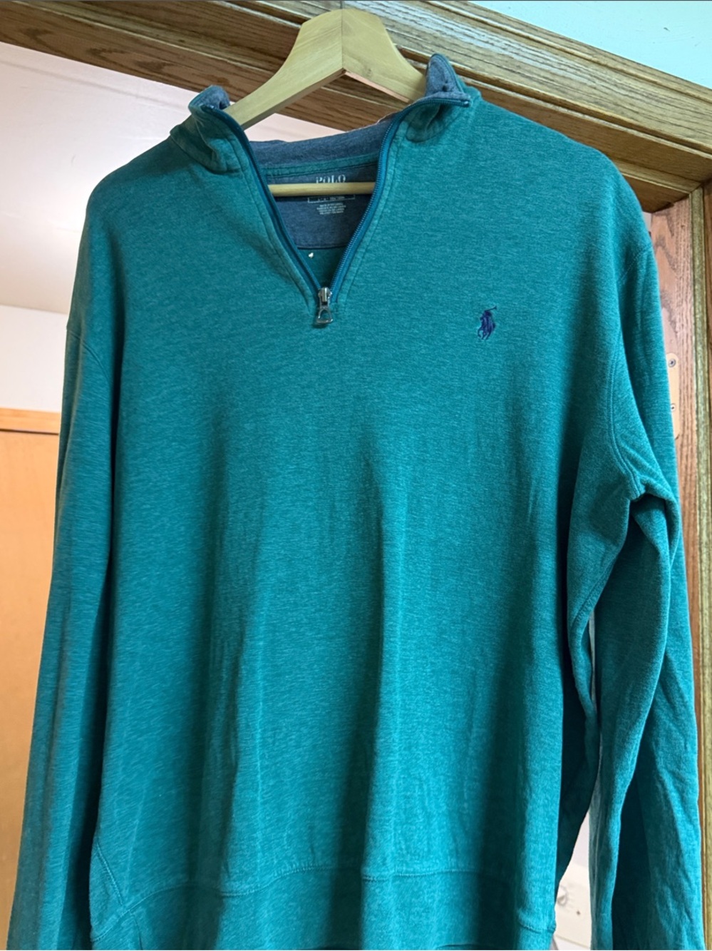 Polo by Ralph Lauren Men’s Teal Quarter Zip Sweater with tiny hole in it